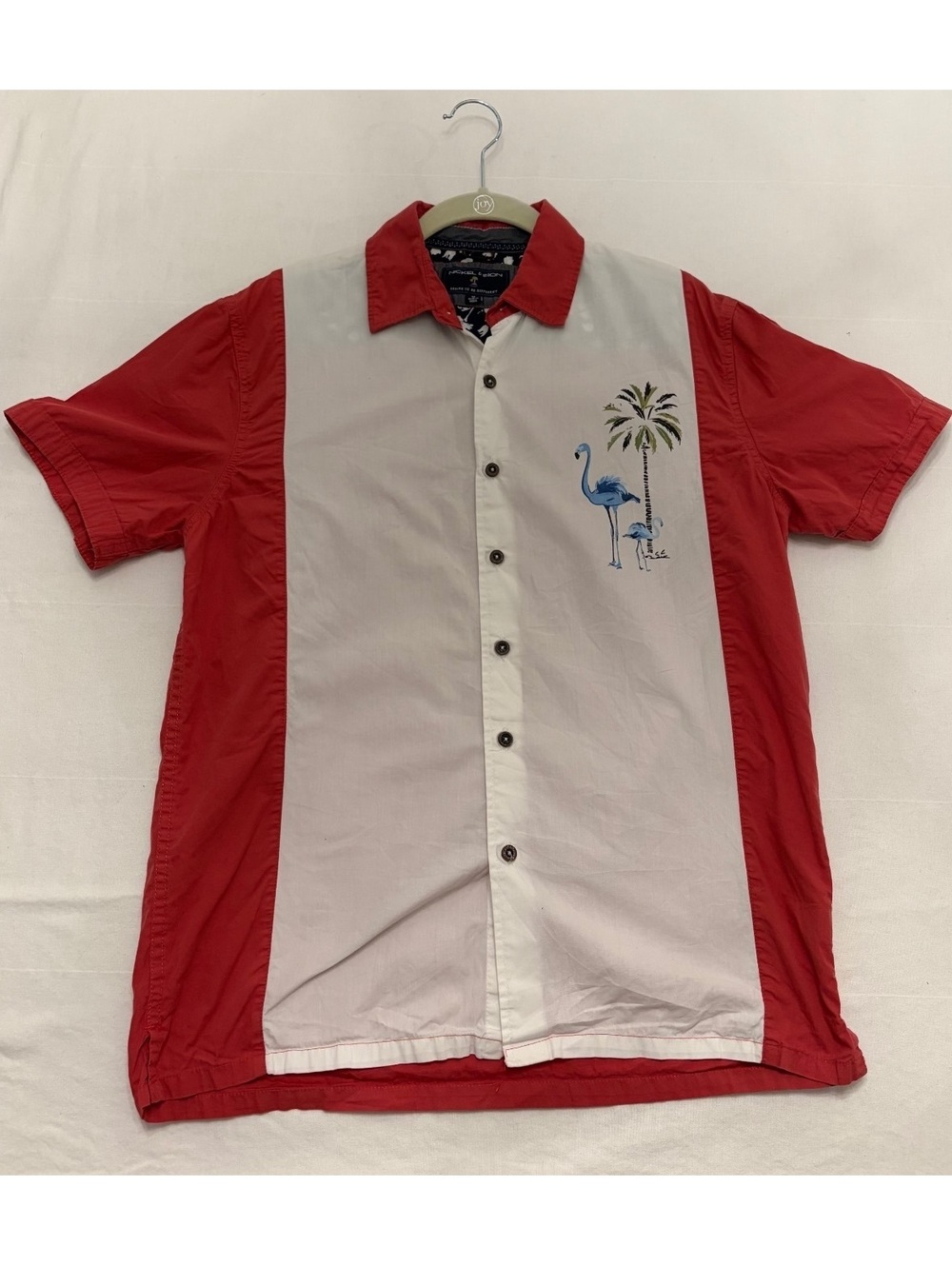 Nickel & Iron Men’s Color Block Hawaiian Shirt Red Cream Tropical Button Up